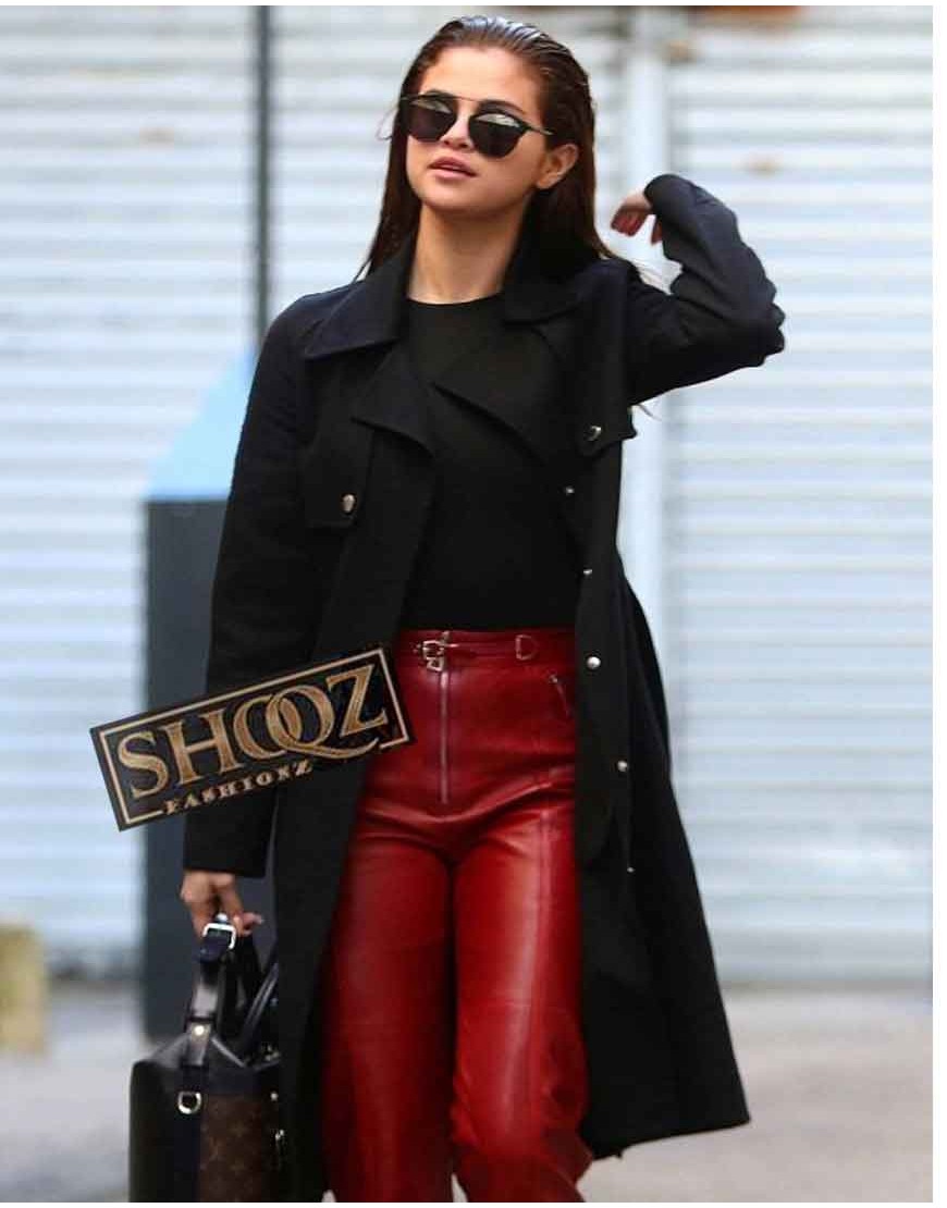 Selena Gomez Trench Coat & Red Leather Pant Selena Gomez Trench Coat & Red Leather Pant